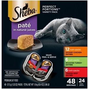 Sheba Perfect Portions Pate Chicken,Turkey and Beef Premium Wet Cat Food All Stages - 2.6oz/24ct Variety Pack - 1 of 4