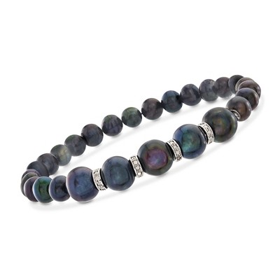 Ross-Simons 6-8.5mm Black Cultured Pearl and .25 ct. t.w. Diamond Stretch Bracelet in Sterling Silver