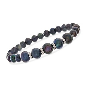 Ross-Simons 6-8.5mm Black Cultured Pearl and .25 ct. t.w. Diamond Stretch Bracelet in Sterling Silver - 1 of 4