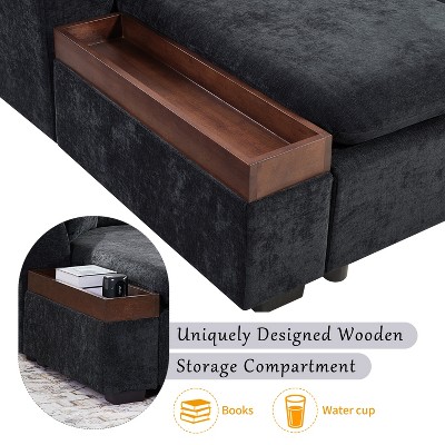 L-Shaped Sectional Sofa Chenille Upholstered Sofa Couch with Wooden Storage Compartment, Black/Brown/Gray/Green-ModernLuxe