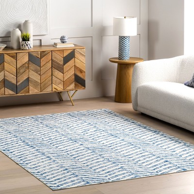 Rosanne Blue and Ivory Geometric Washable Synthetic Area Rug