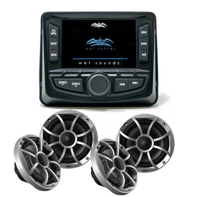 Wet Sounds WS-MC-2 Marine Radio with 2 Pairs Wet Sounds OEM Replacement 65ic-S XS-Series Silver Cone 6.5" Coaxial Speakers Pair