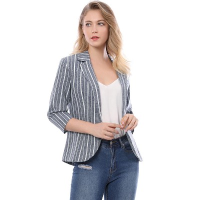 Allegra K Women's Striped 3/4 Sleeves Open Front Casual Notched Lapel Blazer Pink Small — фото 3