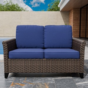EAGLE PEAK Ocean Vista Outdoor Wicker Patio Sofa, Variated All-weather PE Wicker Loveseat with Cushions - 1 of 4