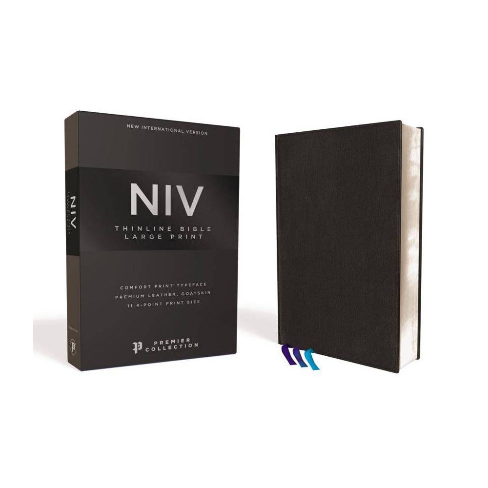 Niv, Thinline Bible, Large Print, Premium Leather, Goatskin, Black, Premier Collection, Comfort Print - by Zondervan (Leather Bound)