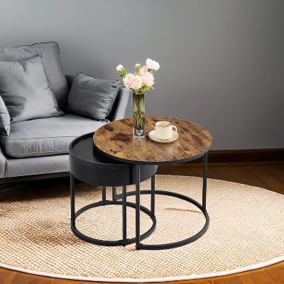 Set of 2 Nesting Round Coffee Tables with Hidden Storage, Modern Side Tables with Adjustable Feet for Living Room, Office