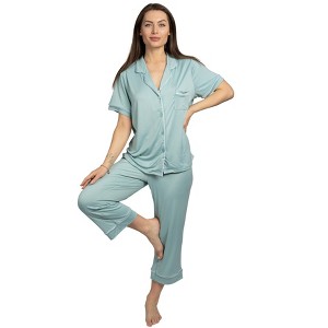 BCBGMAXAZRIA Women's Pajama Set Short Sleeve Notch Collar with Pants - 1 of 2