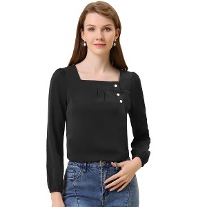 Allegra K Women's Casual Button Decor Long Sleeve Solid Square Neck Blouse - 1 of 4