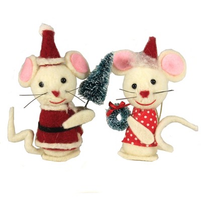 Holiday Ornament 5.0" Mr & Mrs Mice Claus Set / 2 Santa Christmas Felt Retro  -  Tree Ornaments