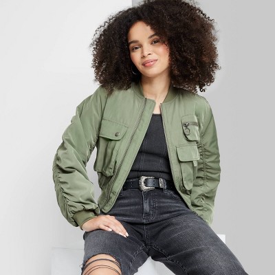 Women's Cargo Utility Cropped Bomber Jacket - Wild Fable™ Green M : Target