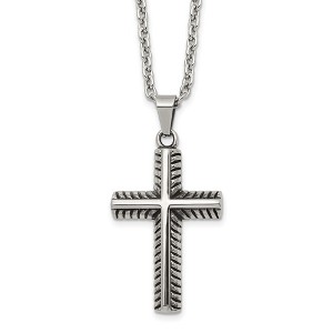 Chisel Stainless Steel Antiqued and Textured Edge Cross Pendant on a 24" Cable Chain Necklace - 1 of 4
