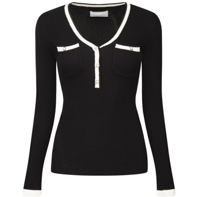 Hobemty Women's Contrast Color V Neck Long Sleeve Fitted Ribbed Tops