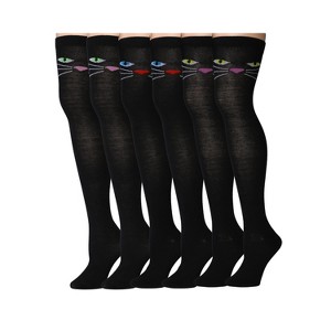 Isadora Paccini Womens 3 Pairs Monochrome Iconic Cat Faces Solid Black Pattern Over The Knee High Socks - 1 of 4