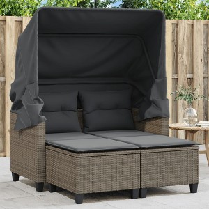 vidaXL Patio Sofa 2-Seater with Canopy and Stools Gray Poly Rattan - 1 of 4