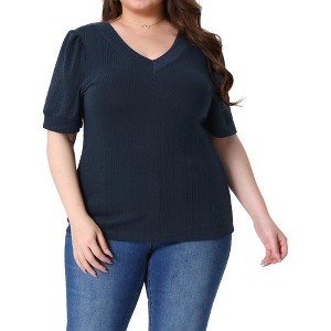 Agnes Orinda Women's Plus Size Ribbed Knit V-Back Pullover Elegant T-shirts - 1 of 4