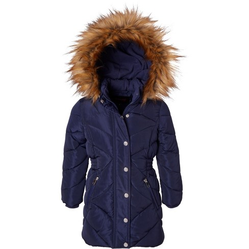 Sportoli Girls Fleece Lined Quilted Midlength Fur Trimmed Hood Winter  Puffer Coats - Navy 7/8