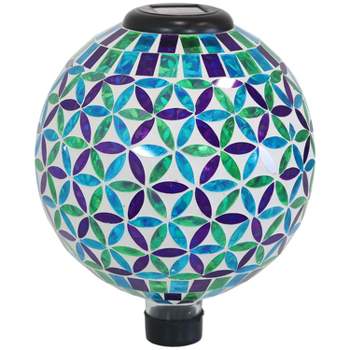 Sunnydaze Blue Cool Blooms Glass Mosaic Indoor/Outdoor Gazing Globe with Solar Light - 10" Diameter - Blue and Green