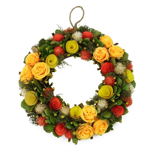 Northlight 12 5 Unlit Peach Yellow Flowers With Moss And Twig Artificial Floral Spring Wreath Target