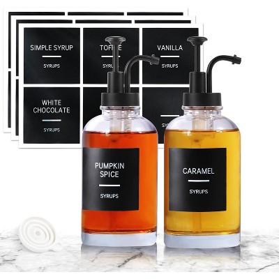 Set of 2 Simple Glass Syrup Bottle with Pump and Labels, 16.9 oz Syrup Pump Dispenser for Coffee Bar