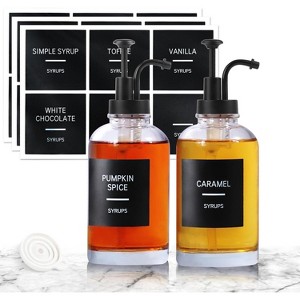 Set of 2 Simple Glass Syrup Bottle with Pump and Labels, 16.9 oz Syrup Pump Dispenser for Coffee Bar - 1 of 4