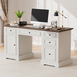 Vipbear 60" Rustic Executive Desk,Wood Computer Office Desk with Drawers & Cabinet, Large Capacity Home Office Desk Workstation for Home,Study,Work - 1 of 4