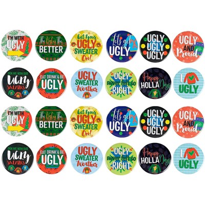 Juvale Pinback Buttons, 24-Pack Christmas Round Button Pins, 12 Designs for Kids Party, Ugly Sweater Design