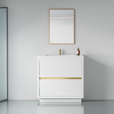 Bencmate Bathroom Storage Cabinets, Standalone Sink equipped Bathroom Vanity, Soft Closing Drawers, White, 35.43"*19.69"*35.43"