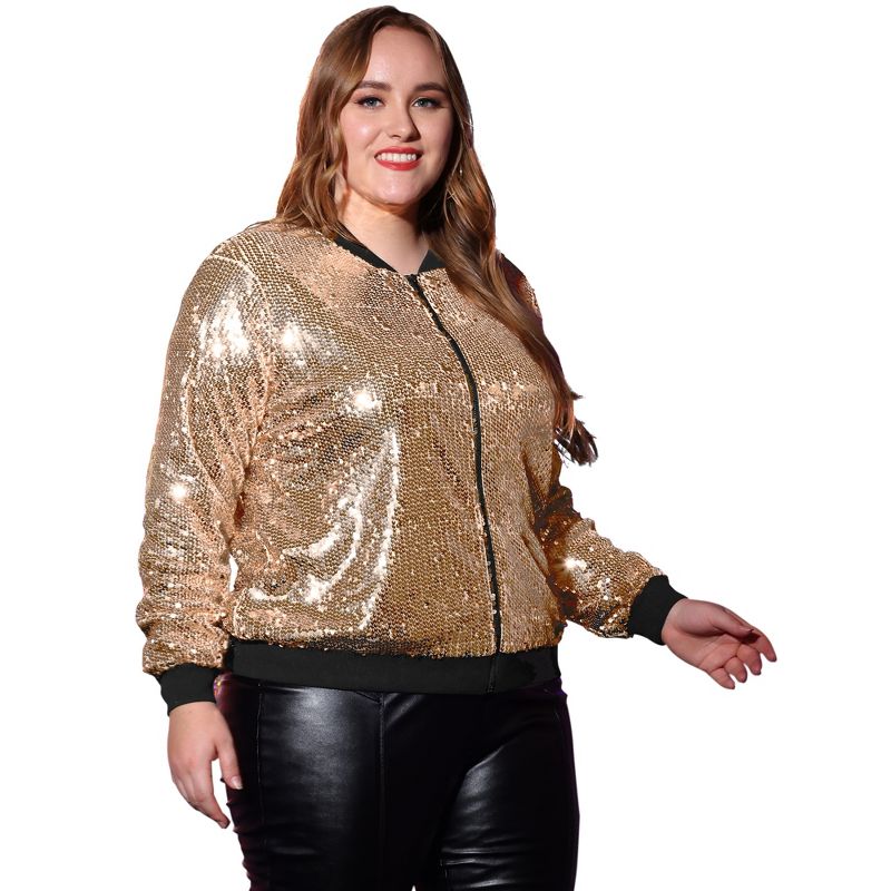 Agnes Orinda Women's Plus Size Party Metallic Sequin Sparkle Zip Bomber Jackets, 3 of 7