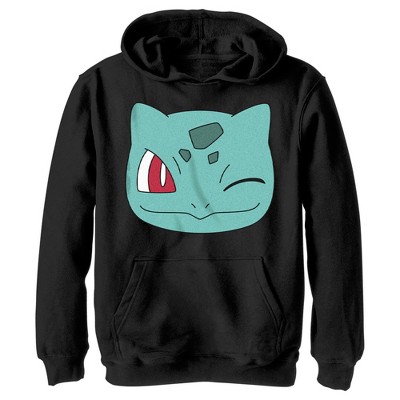 Boy's Pokemon Bulbasaur Wink Face Pull Over Hoodie - Black - Large