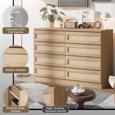 Modern Oak and Rattan 8-Drawer Double Dresser Chest