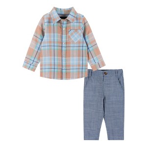Andy & Evan  Infant  Orange and Blue Plaid Buttondown and Pants Set - 1 of 4