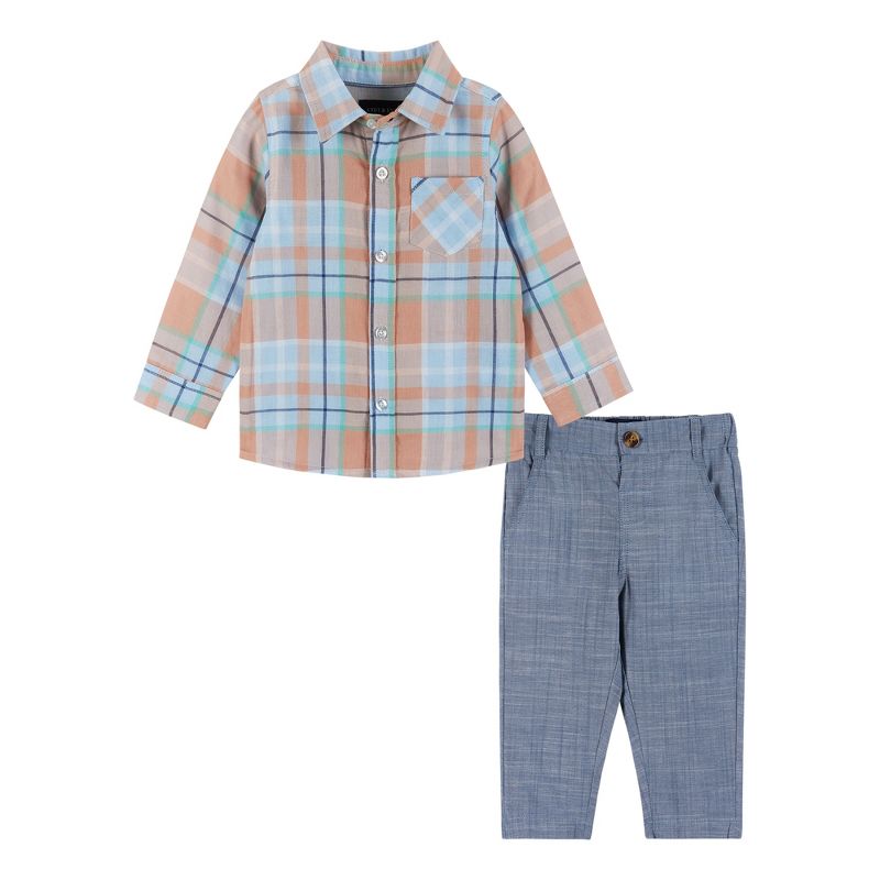 Andy & Evan  Infant  Orange and Blue Plaid Buttondown and Pants Set, 1 of 5