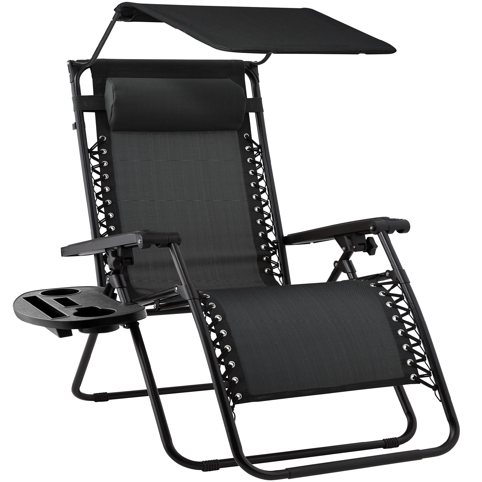 Best Choice Products Folding Zero Gravity Recliner Patio Lounge Chair w/ Canopy Shade, Headrest, Tray - Black