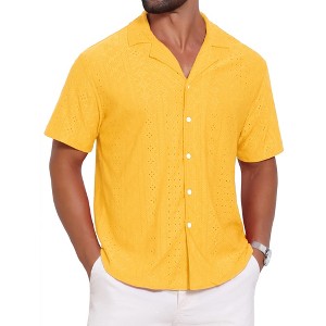 INSPIRE CHIC Men's Camp Collar Button Down Short Sleeve Hollow Texture Knit Shirts - 1 of 4
