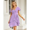 Womens Skater Dresses Sexy V Neck Short Sleeve Tie Waist Solid Ruffle Boho Flowy Swing Mini Dress - 2 of 4