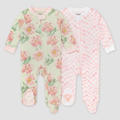 Image of Burt's Bees Baby® Girls' 2pk Floral & Wavy Sleep N' Play - Pink/Light Green Newborn