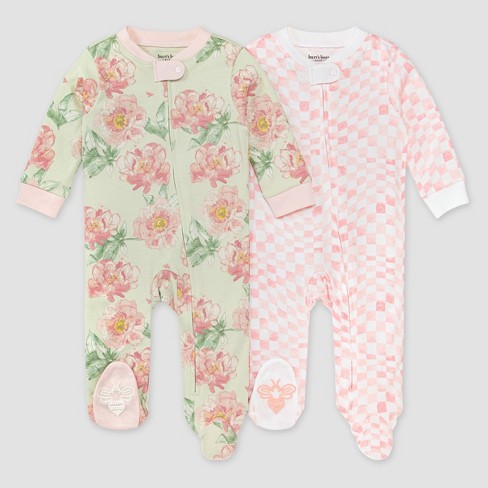 Burt's Bees Baby® Girls' 2pk Floral & Wavy Sleep N' Play - Pink/light Green  : Target