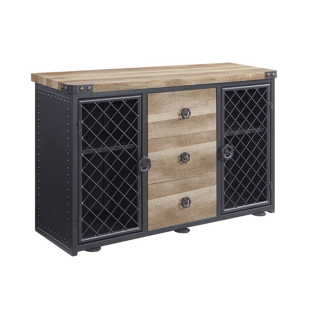 Edina 50" Kitchen and Dining Cabinets Oak and Sandy Black - Acme Furniture: Sideboard Buffet with Metal Frame, MDF Surface