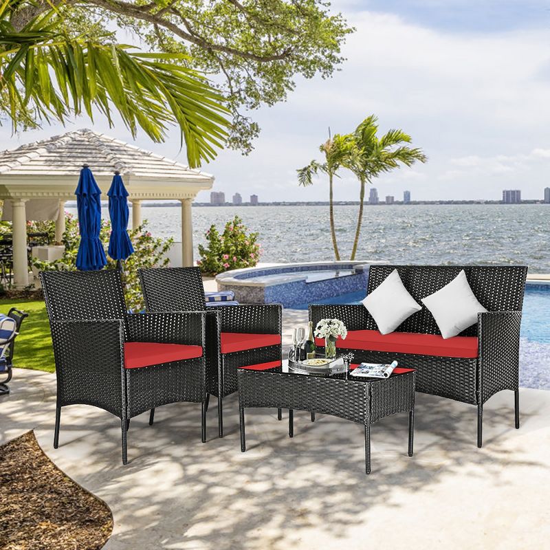 Costway 4PCS Patio Rattan Furniture Set Cushioned Sofa Coffee Table Backyard Turquoise/Red/White/Grey/Navy, 3 of 11