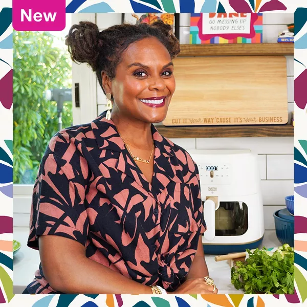 New colorful kitchen items from Tabitha Brown along with a photo of Tabitha in her kitchen.