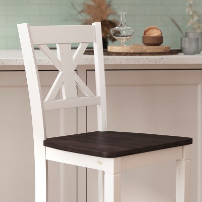 Set of 2 White and Dark Brown Solid Wood Barstools with Footrest