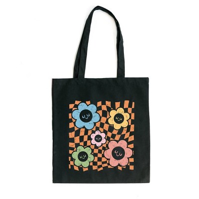 City Creek Prints Checkered Flowers And Smiley Canvas Tote Bag - 15x16 - Black