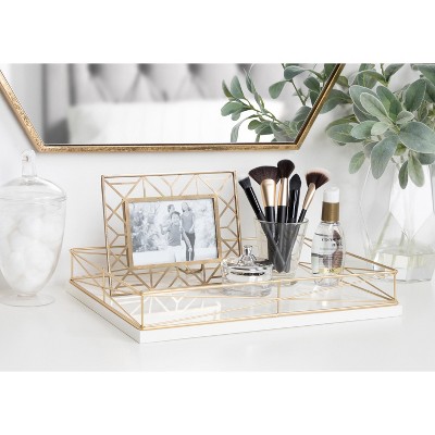 Elegant White and Gold Rectangular Serving Tray with Ornate Metal Rim