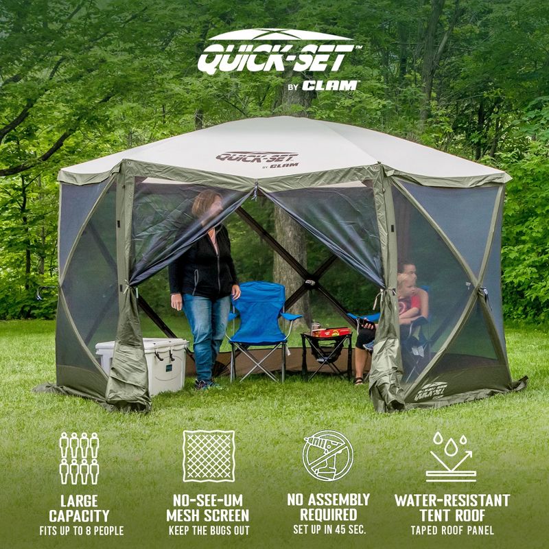 CLAM Quick-Set Escape 11.5 x 11.5 Foot Portable Pop-Up Outdoor Camping Gazebo Screen Tent 6-Sided Canopy Shelter with Stakes & Carry Bag, Green/Tan, 2 of 7