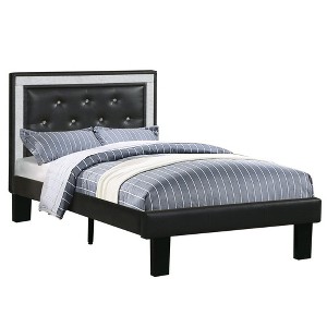 Poundex, Twin Upholstered Bed Frame with Slats in Black Faux Leather - 1 of 3