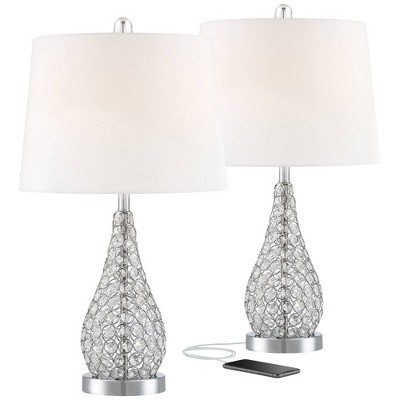 360 Lighting Modern Accent USB Table Lamps Set of 2 with Table Top Dimmers Acrylic Chrome White Drum for Living Room Bedroom House