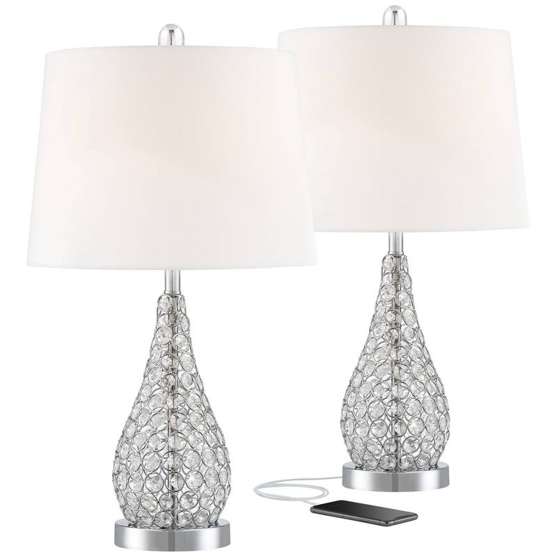 360 Lighting Sergio Modern Accent Table Lamps 23 1/2" High Set of 2 Clear Acrylic with USB Charging Port White Drum Shade for Bedroom Living Room Desk, 1 of 13