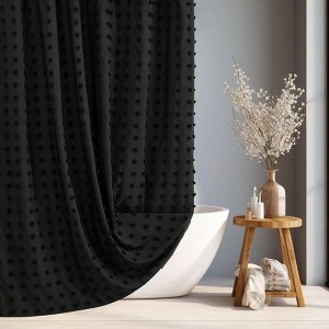 Black Boho Shower Curtain Woven Fabric 72x 72 Tufted Pleat Floral Textured Modern Farmhouse Minimalist - 1 of 4