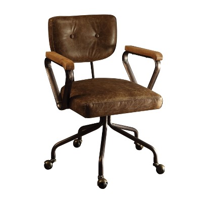 Sapphtopaz Retro Office Chair with Wheels & Button-Tufted Leather Upholstered Swivel Chair with Metal Base & Wooden Armrests for Home Office