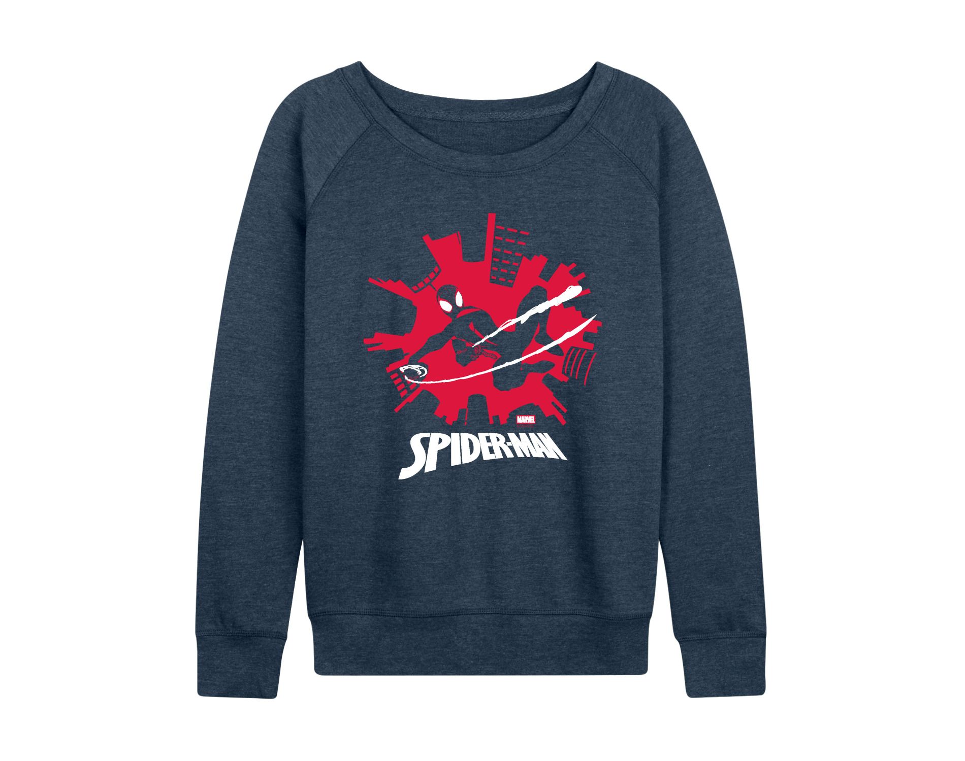 Women's Marvel Spider-Man Miles Skyline Lightweight French Terry Wide Neck Long Sleeve Graphic Shirt - Heather Indigo - 2X